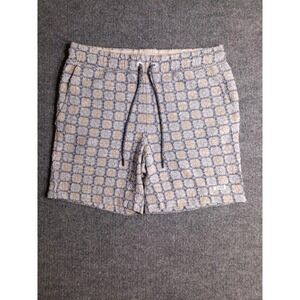 ROWM Mens Small Drawstring Shorts Blue Tan Geometric Textured Knit Beach Casual